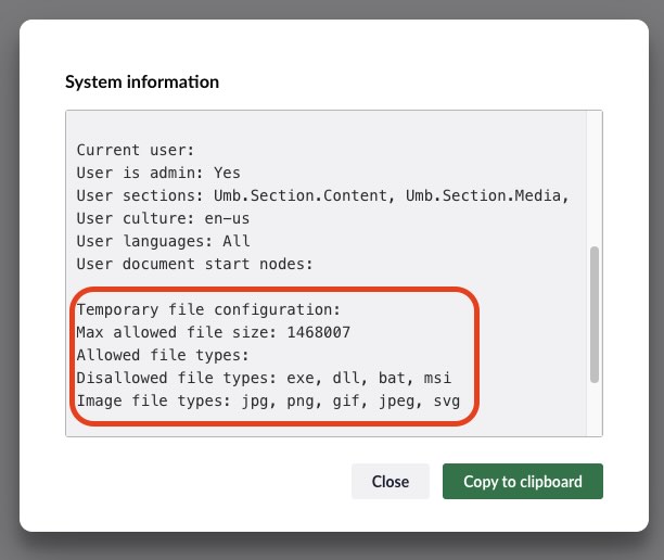 System Information with Maximum Upload Size Settings